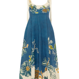 Floral dress with a blue and white pattern on a white background