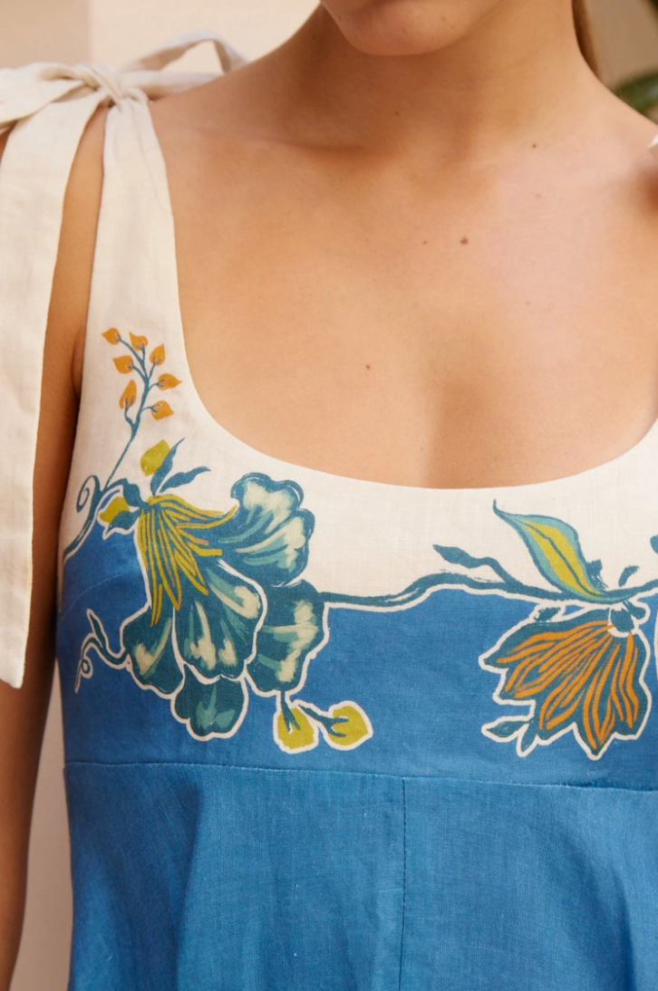 Close-up of a blue and white dress with floral patterns.
