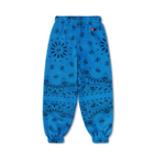 Blue pants with black pattern on a white background