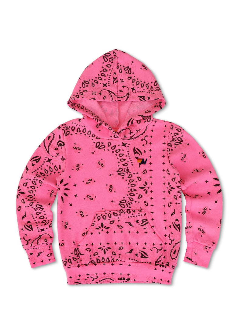 Pink hoodie with black bandana pattern on a white background