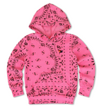 Pink hoodie with black bandana pattern on a white background