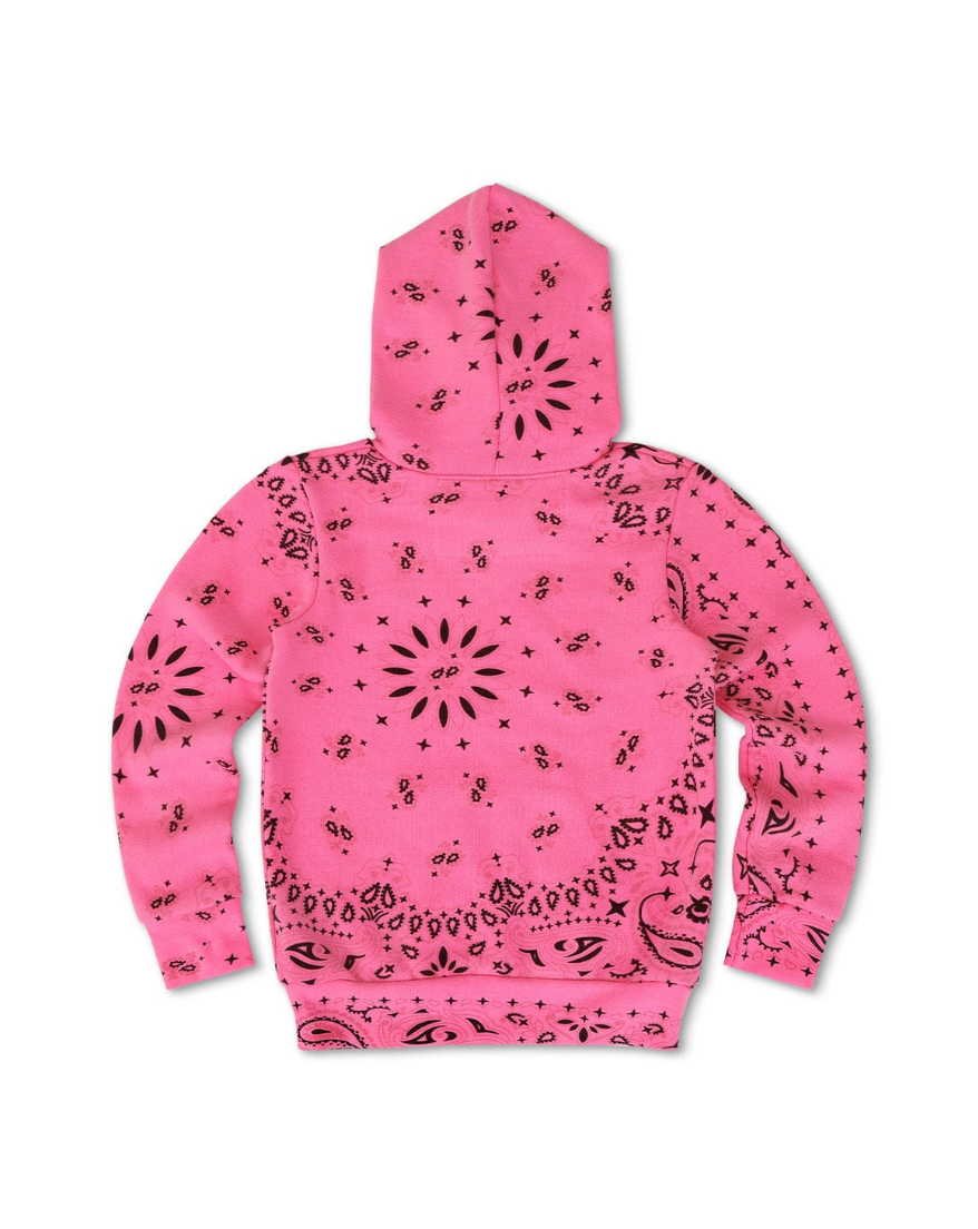 Pink hoodie with black pattern on a white background