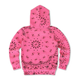 Pink hoodie with black pattern on a white background
