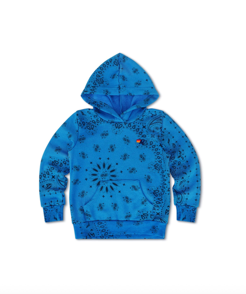 Blue hoodie with black patterns on a white background