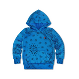 Blue hoodie with black patterns on a white background