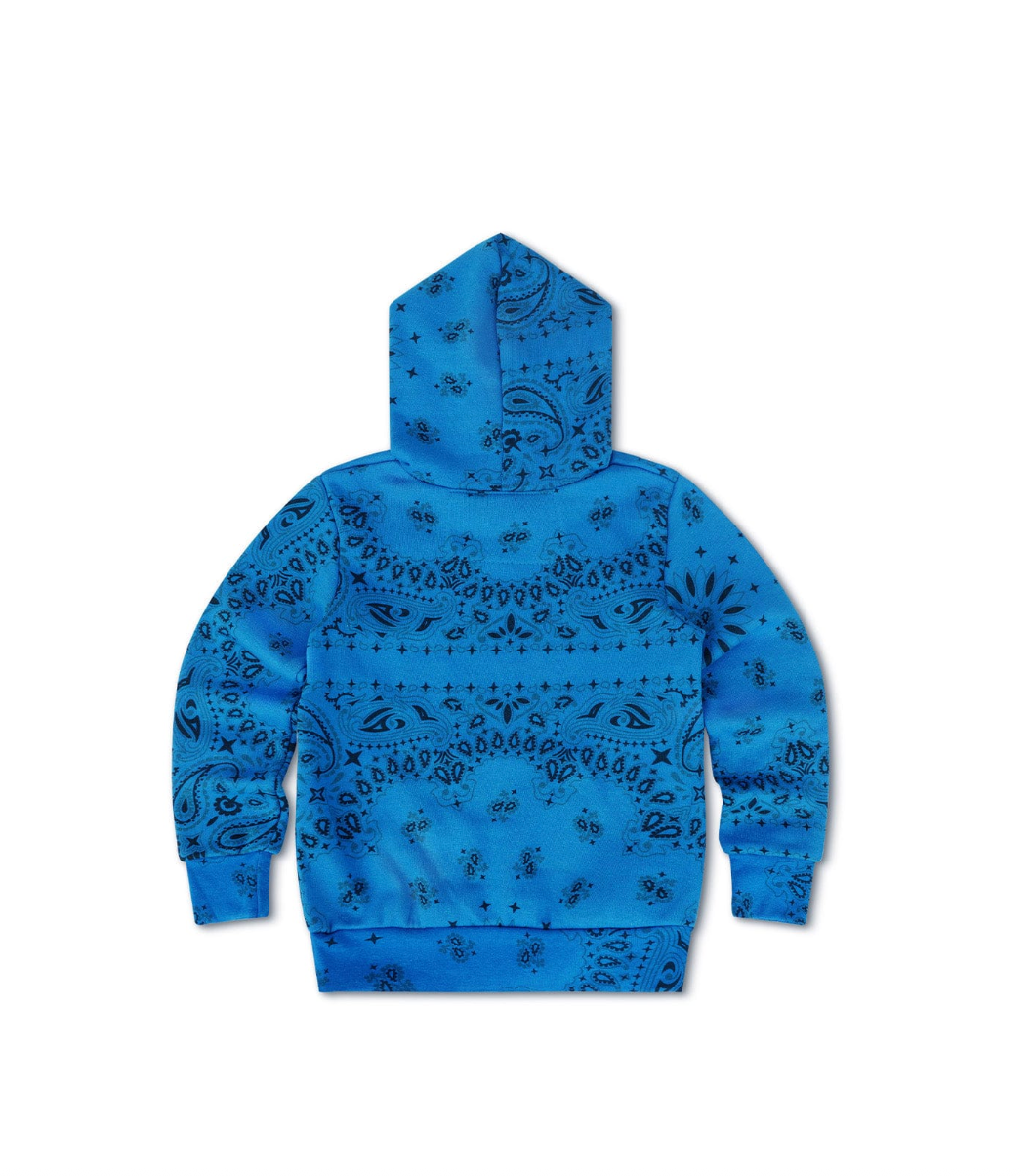 Blue hoodie with black pattern on a white background