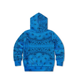 Blue hoodie with black pattern on a white background