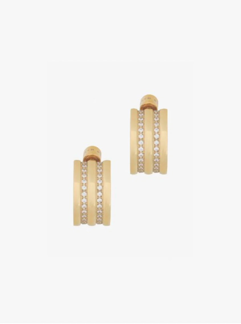 Gold hoop earrings with embedded stones on a white background