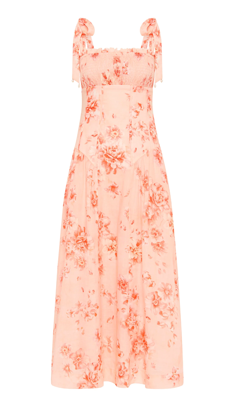 Peach floral dress on a white background