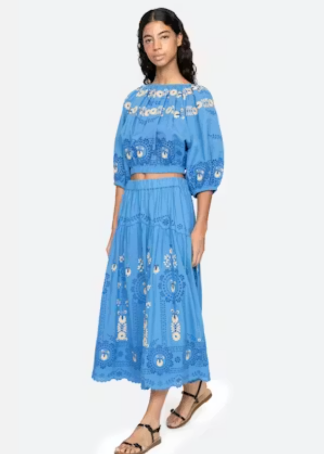 Woman wearing a blue embroidered outfit on a white background