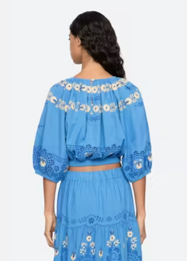 Woman wearing a blue embroidered top and skirt set on a white background