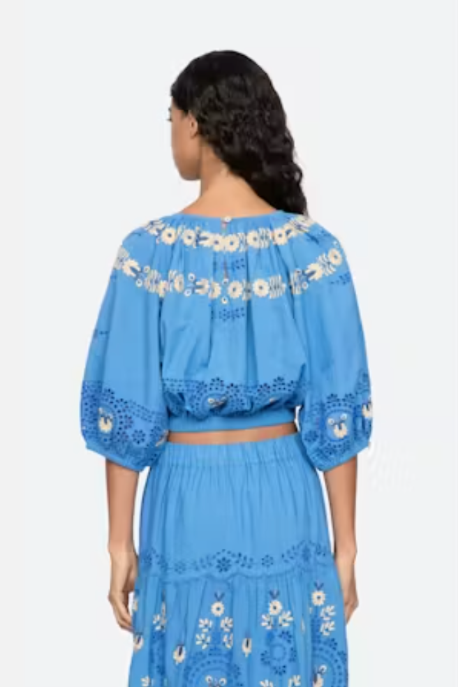 Woman wearing a blue embroidered top and skirt set on a white background