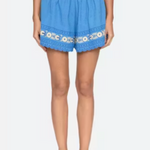 Blue embroidered shorts worn by a person on a white background