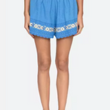 Blue embroidered shorts worn by a person on a white background