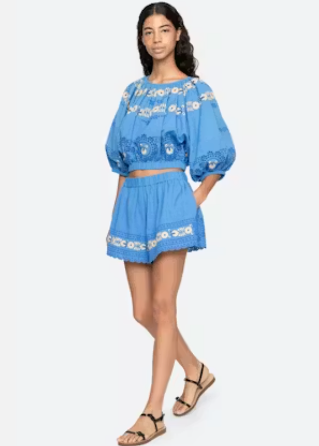 Woman wearing a blue embroidered outfit on a white background