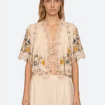 Woman wearing a floral embroidered dress on a white background