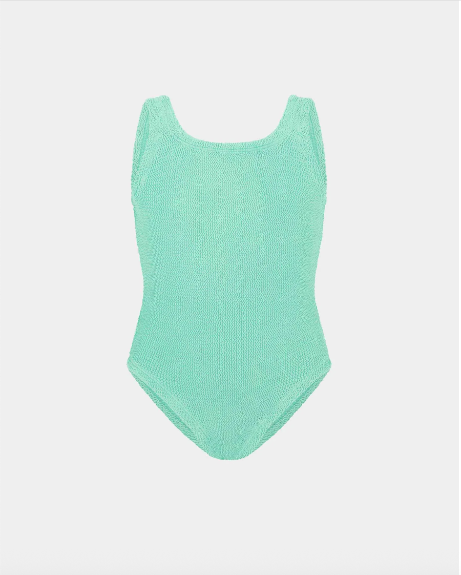 Mint green ribbed swimsuit on a white background