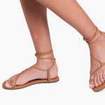 Tan sandals worn by a person on a white background