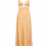 Yellow gold slip dress with lace trim on a white background