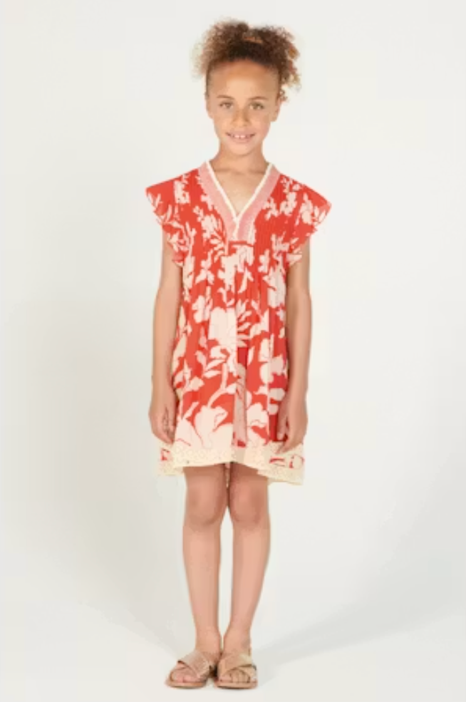 Young girl wearing a red and white floral dress on a white background