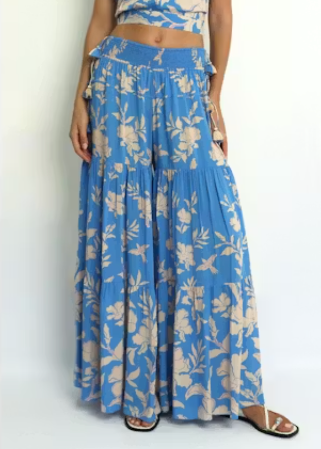 Person wearing a blue floral dress on a white background