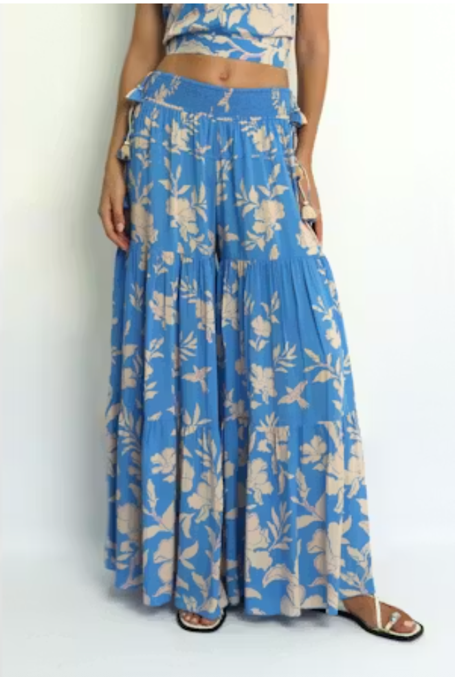 Person wearing a blue floral dress on a white background