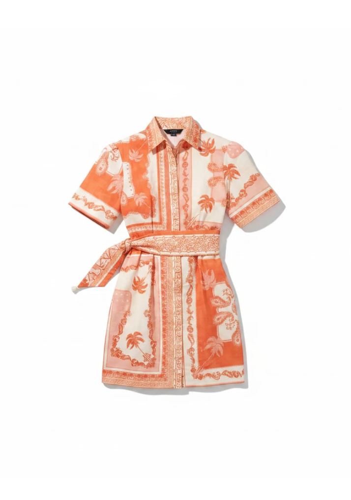 Short-sleeve dress with orange and white pattern on a white background