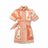 Short-sleeve dress with orange and white pattern on a white background