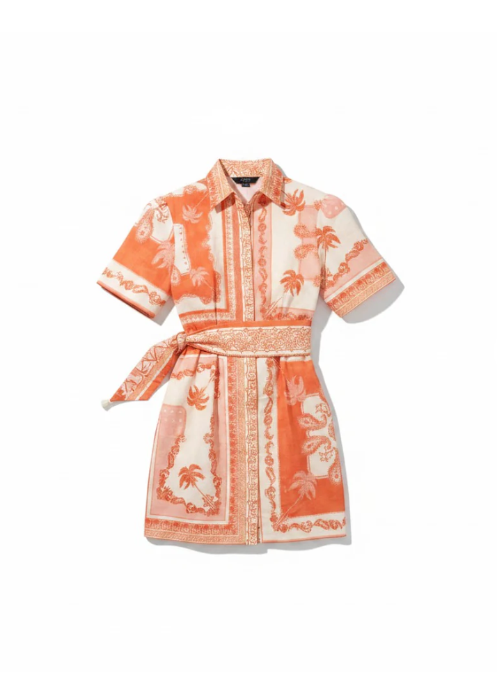 Short-sleeve dress with orange and white pattern on a white background