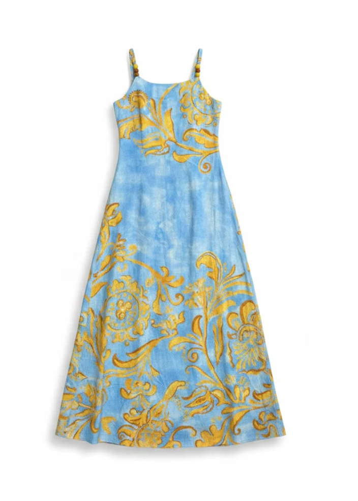 Blue dress with yellow floral pattern on a white background