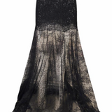 A black lace mermaid-style skirt with a fitted bodice and a sheer, flowing skirt that fades into a smoky sheer overlay, shown on a plain white background.