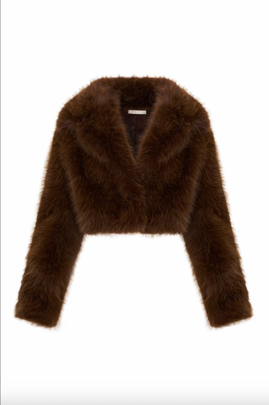 A cropped brown faux fur jacket with a wide collar and long sleeves, shown flat against a plain white background.