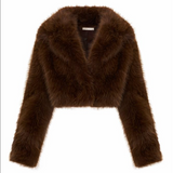 A cropped brown faux fur jacket with a wide collar and long sleeves, shown flat against a plain white background.