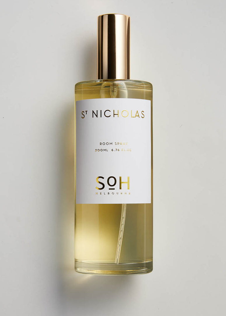 St Nicholas Room spray bottle on white back ground