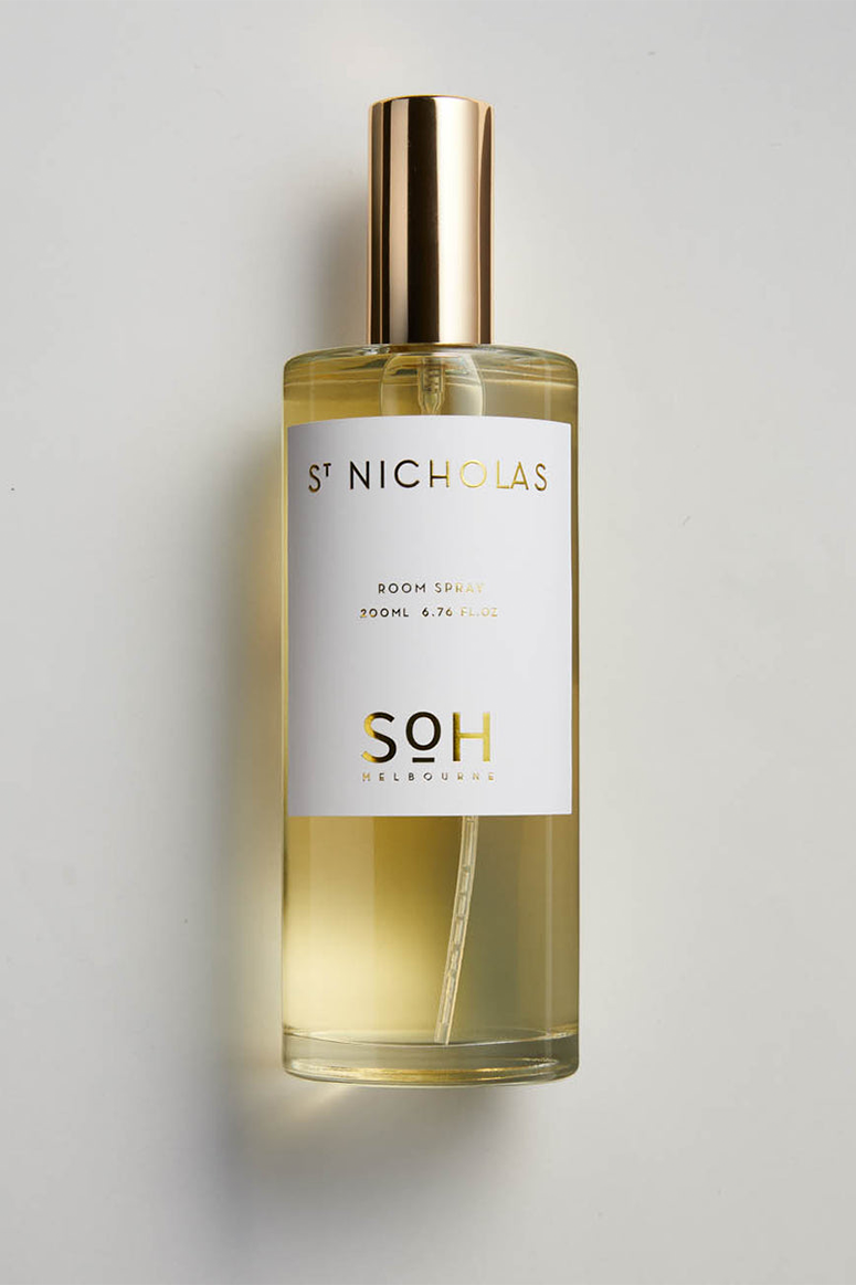 St Nicholas Room spray bottle on white back ground