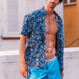 Thorsun - Men's Short Sleeve Button Down - Wavy Palms Blue
