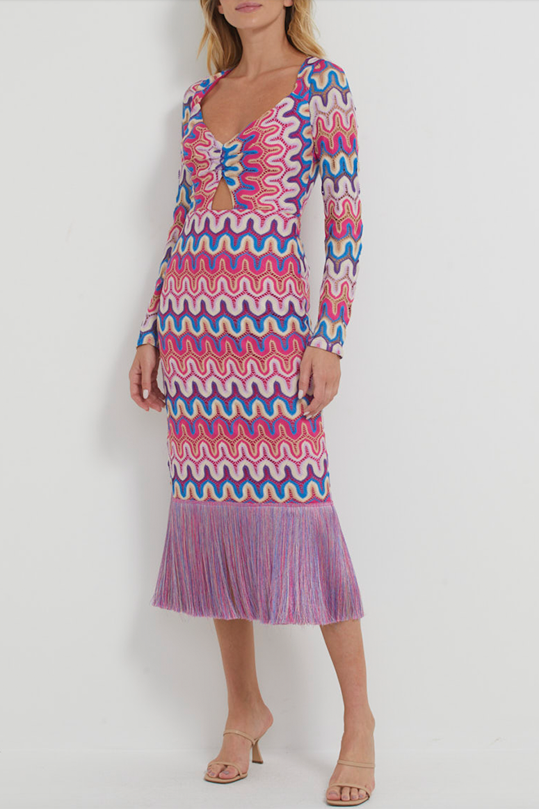 PatBO x Alessandra Ambrosio - Crochet Fringe Trim Midi Dress - Pink Multi