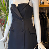Black strapless tuxedo style mini dress with spaghetti straps 