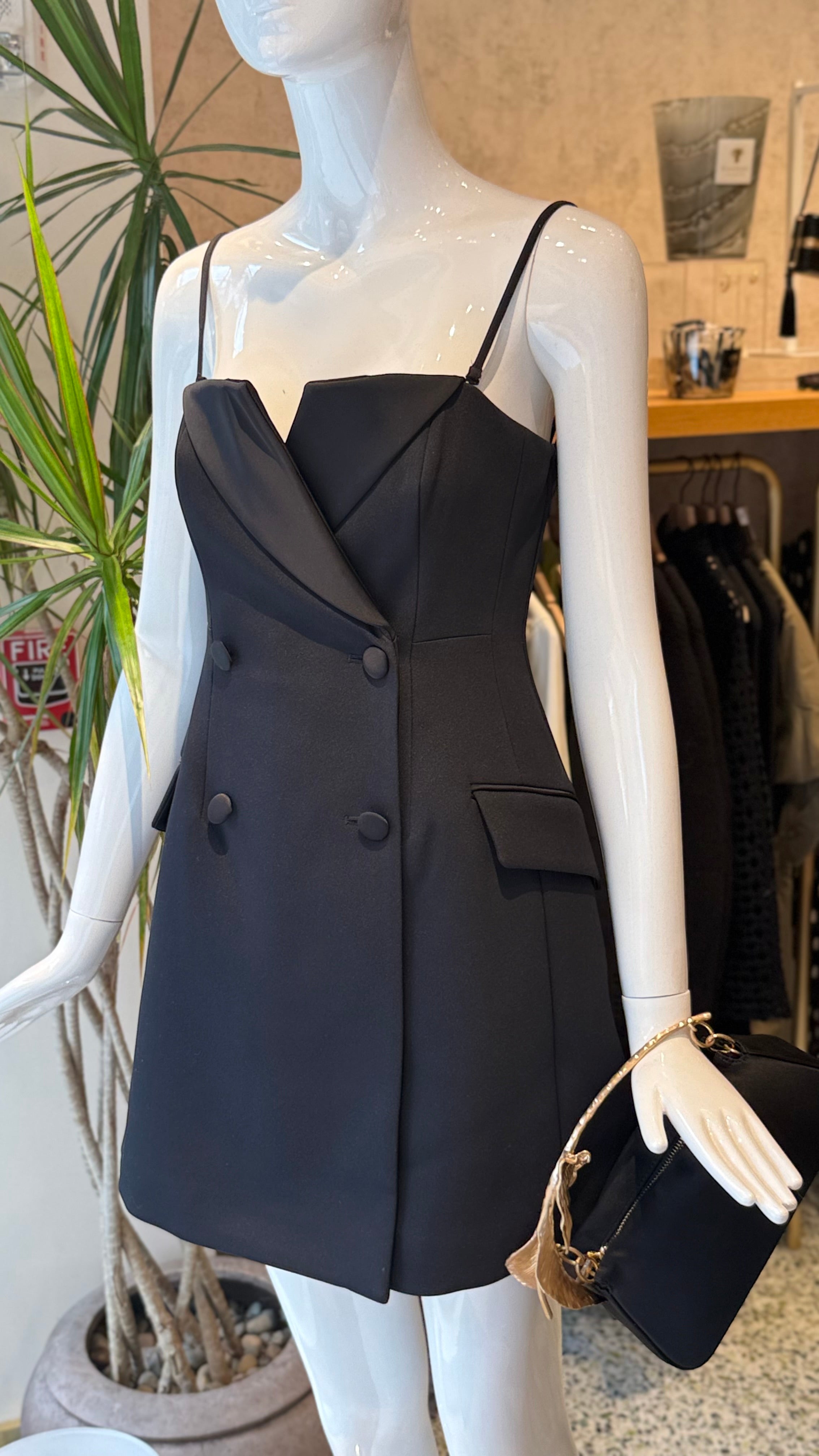Black strapless tuxedo style mini dress with spaghetti straps 
