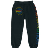 dark grey sweatpants with a colorful patch and text on a white background 