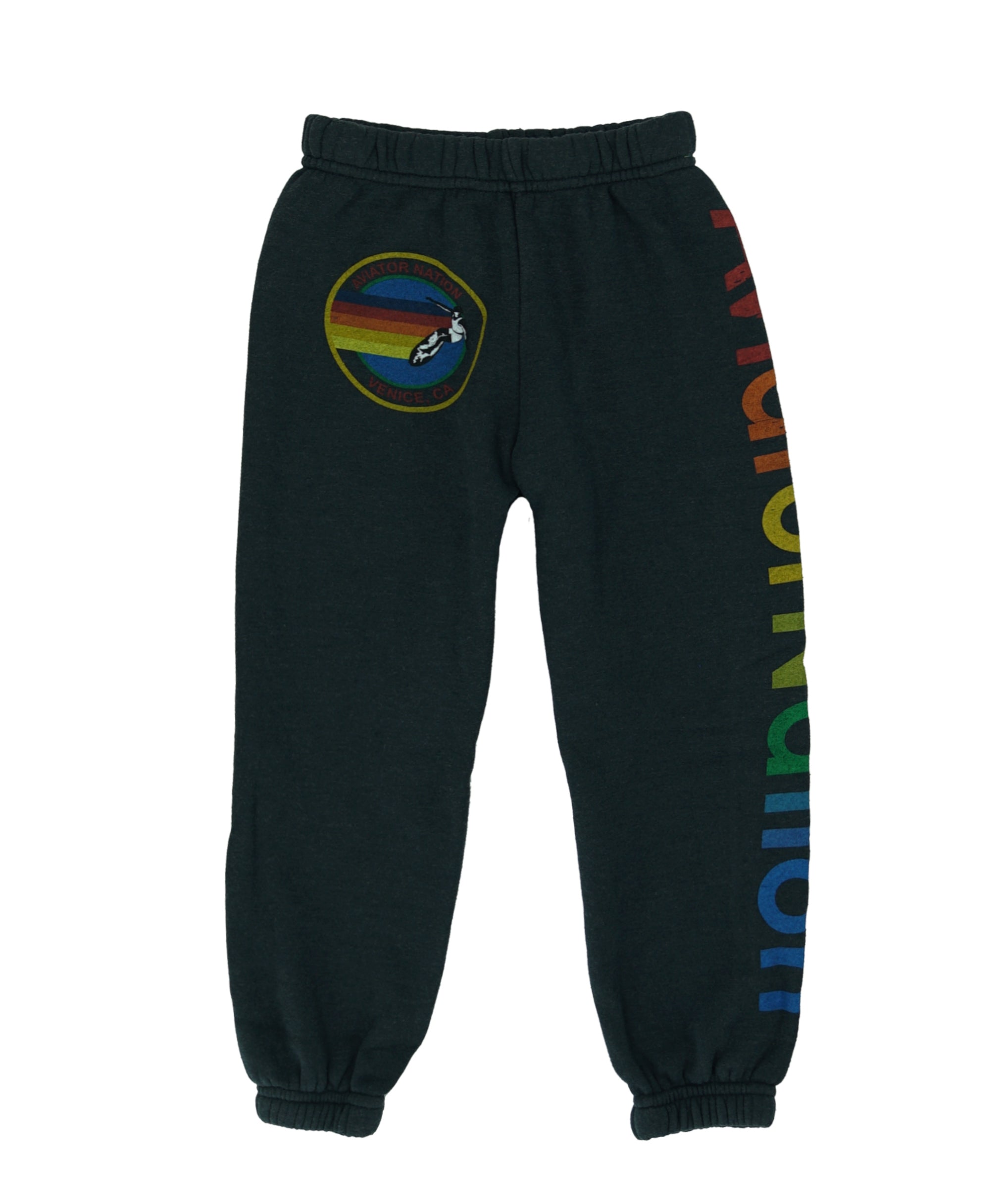 dark grey sweatpants with a colorful patch and text on a white background 