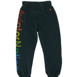 dark grey sweatpants with colorful text on a white background