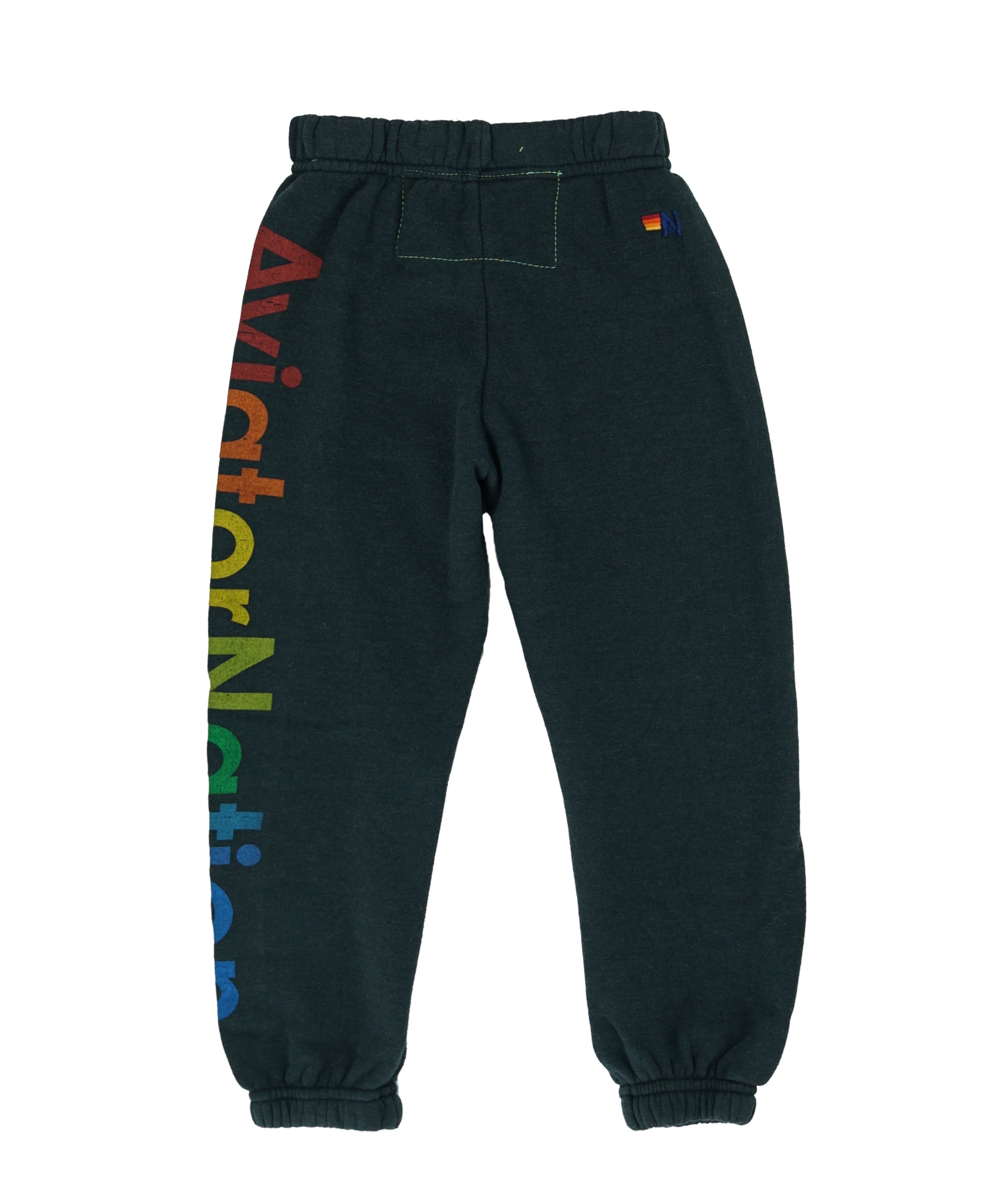 dark grey sweatpants with colorful text on a white background