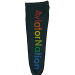 dark grey sweatpants with rainbow logo text on a white background