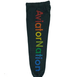 dark grey sweatpants with rainbow logo text on a white background