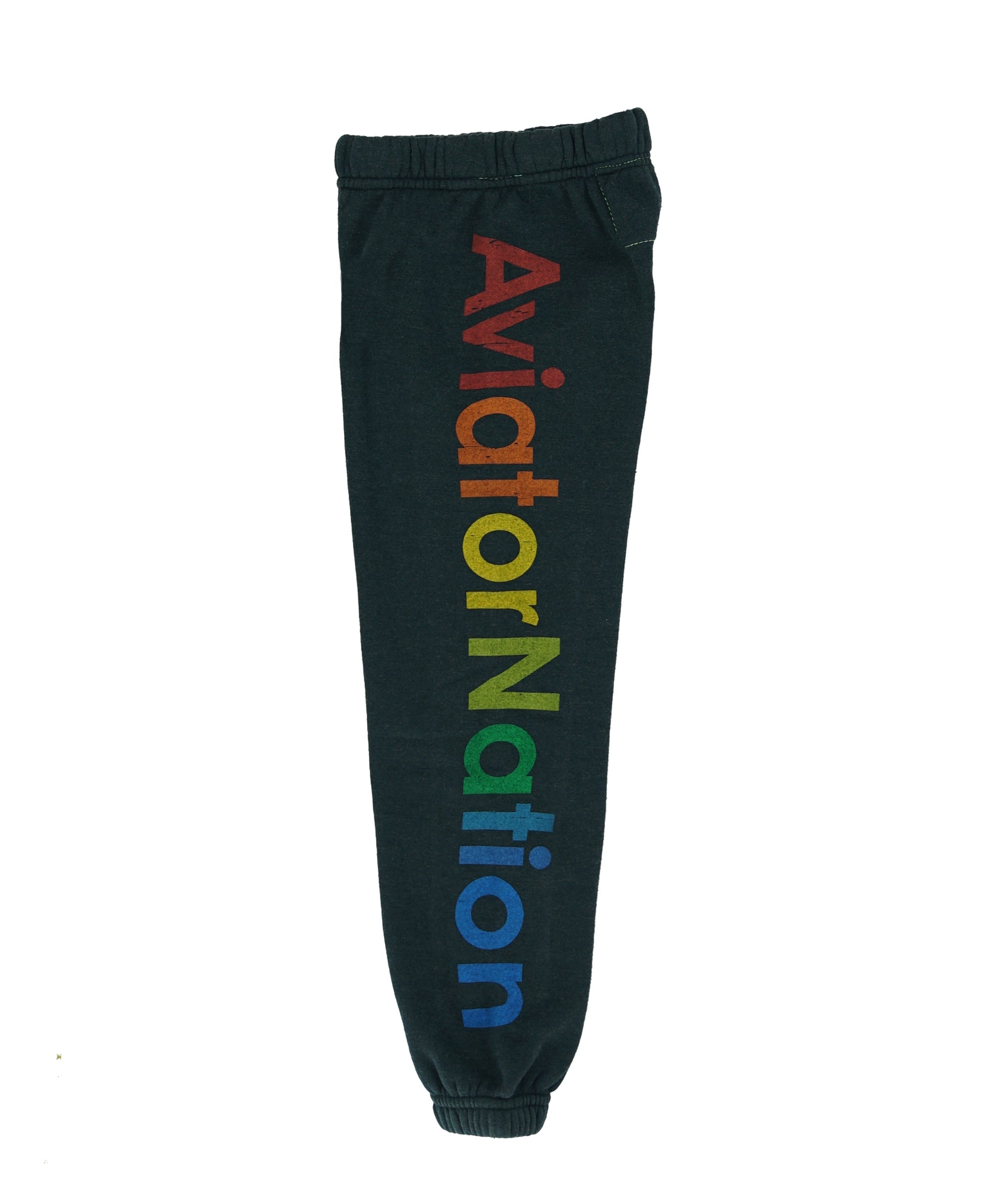dark grey sweatpants with rainbow logo text on a white background