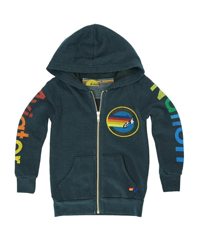Children's hoodie with colorful logo designs and text on a white background