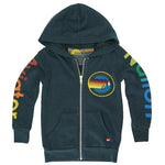 Children's hoodie with colorful logo designs and text on a white background