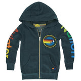 Children's hoodie with colorful logo designs and text on a white background