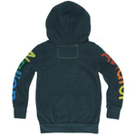 Dark hoodie with colorful text on sleeves against a white background